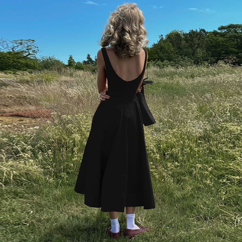 Solid Color Sleeveless Waist Slim Backless Dress