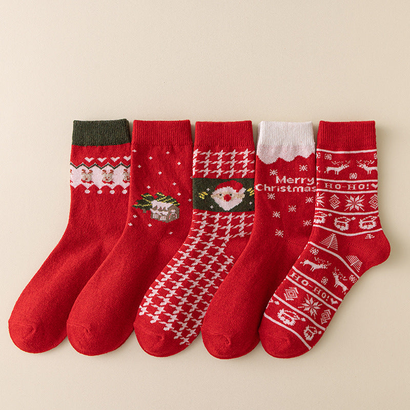 5 Pack Warm Thick Cashmere Mid Calf Red Christmas Socks