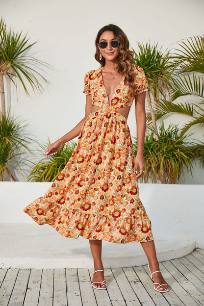 V Neck Printed Dress Backless Midi Dress
