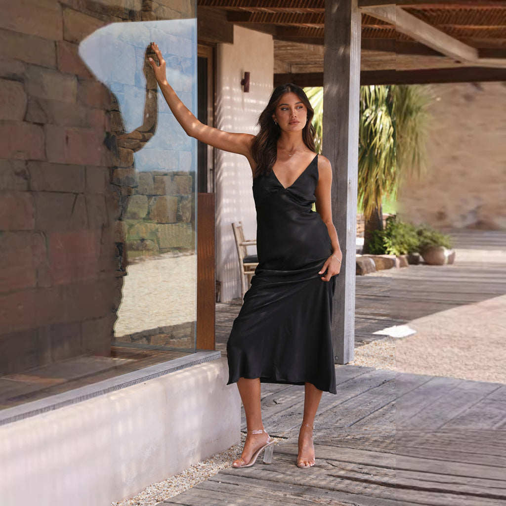 Backless Slit Solid Color Dress Sling Slim Mid Length