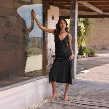 Backless Slit Solid Color Dress Sling Slim Mid Length