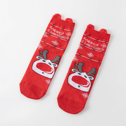 Cotton Cute Cartoon 3D Ear Red Mid Calf Christmas Socks