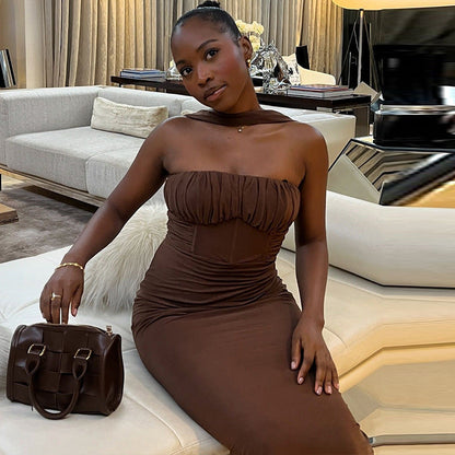 Solid Color Dress Tube Top Halter Cold Shoulder Sleeveless Maxi Dress