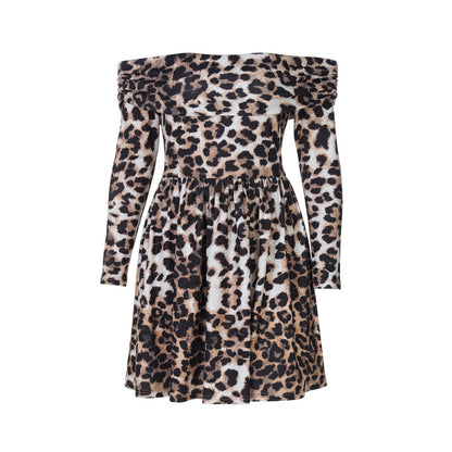 off Neck Short Elegant Shoulder Baring Long Sleeve Pleated Dress