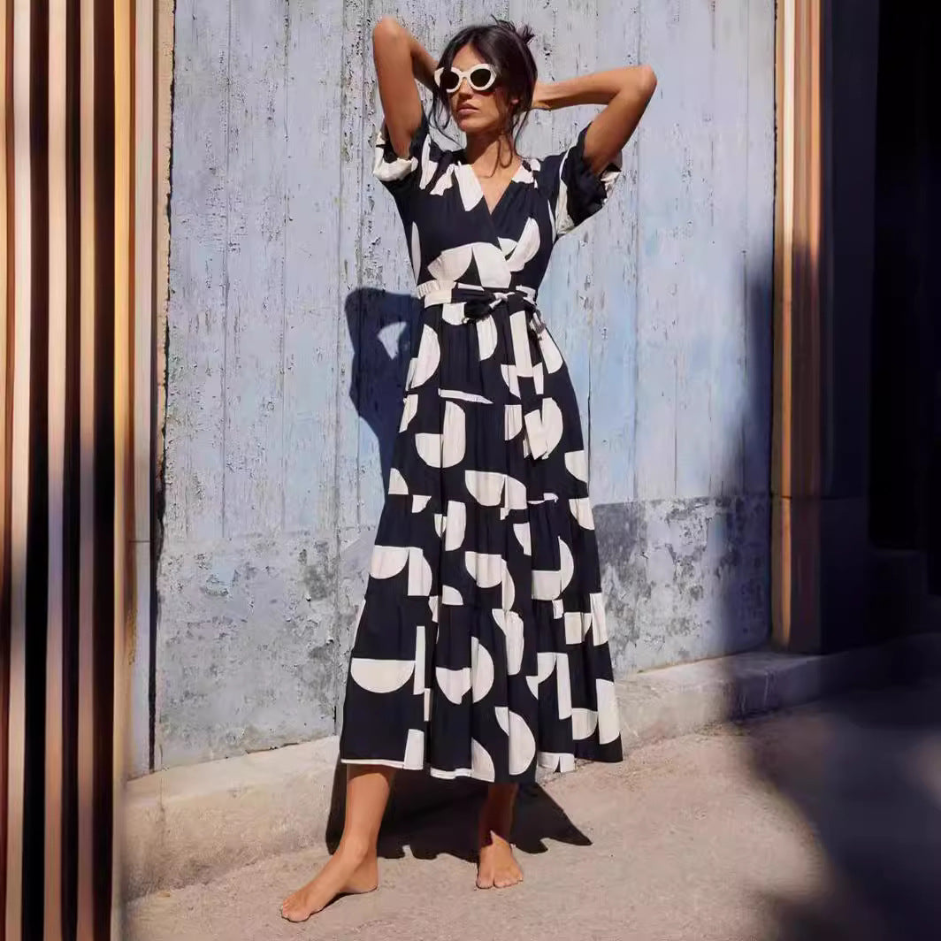 Casual V neck Printing Mid Length Dress