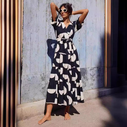 Casual V neck Printing Mid Length Dress