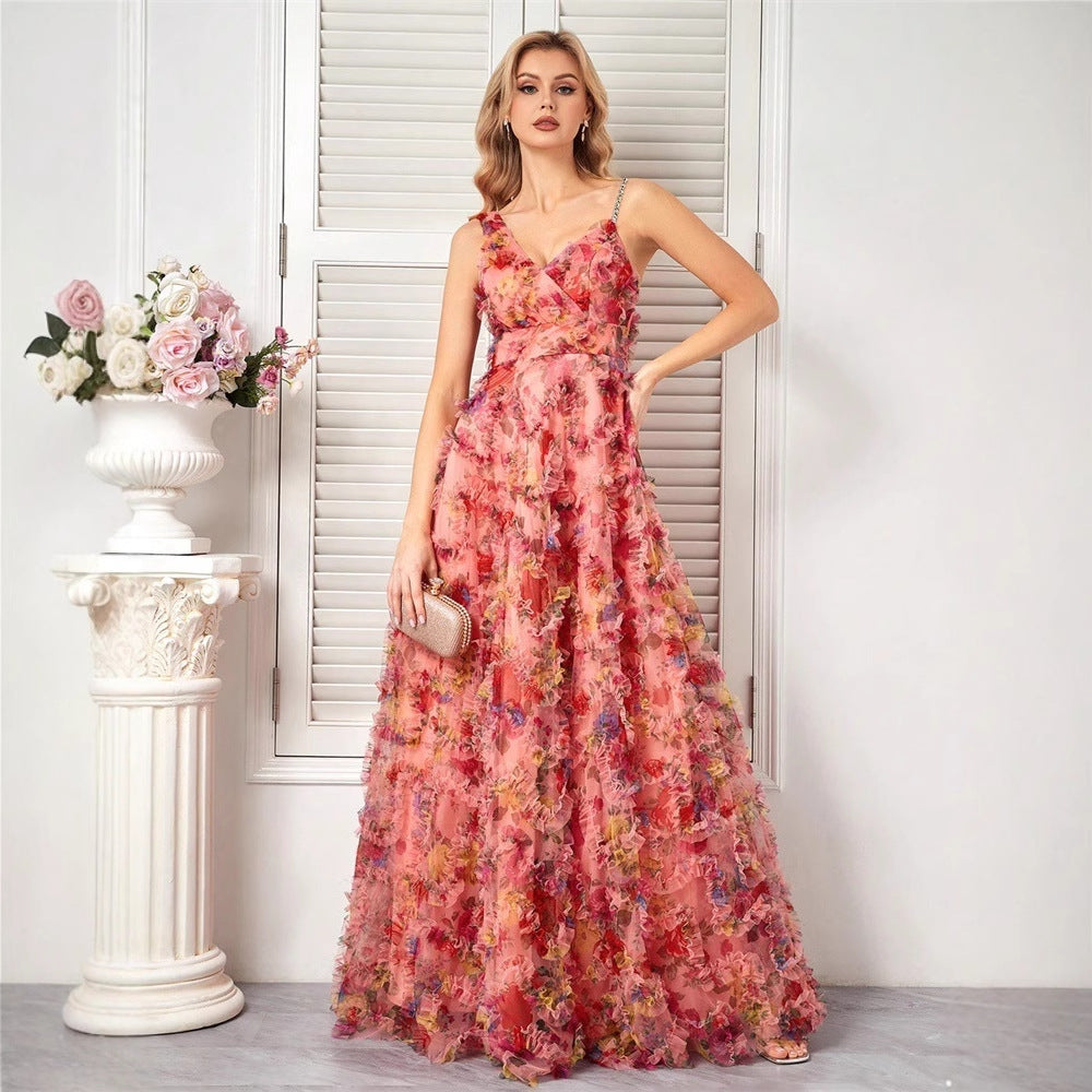 V neck Strap Floral Elegant Prom Evening Dress Party Dress