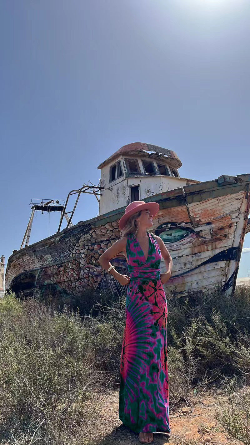 Printed Sleeveless V neck A line Dress