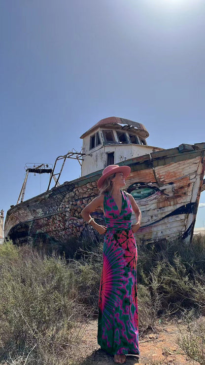 Printed Sleeveless V neck A line Dress