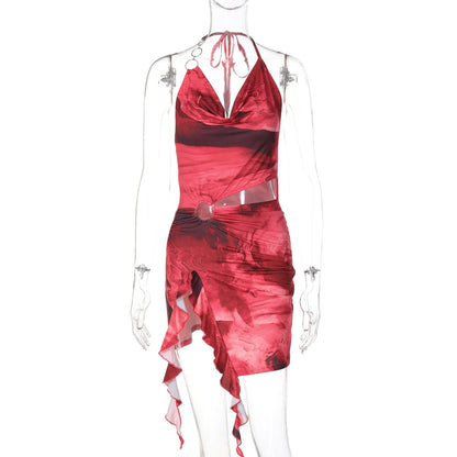 Printing Backless Lace up Dress