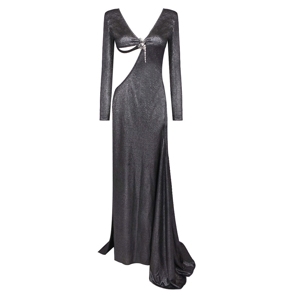 Wear Black Long Sleeve Scorpion Backless Slit Silver Silk Dress
