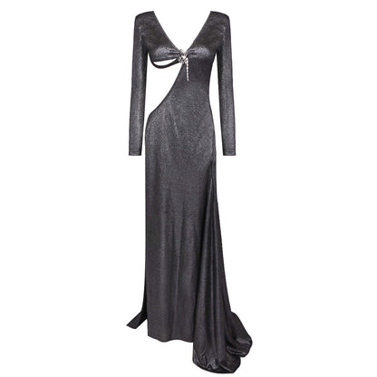 Wear Black Long Sleeve Scorpion Backless Slit Silver Silk Dress