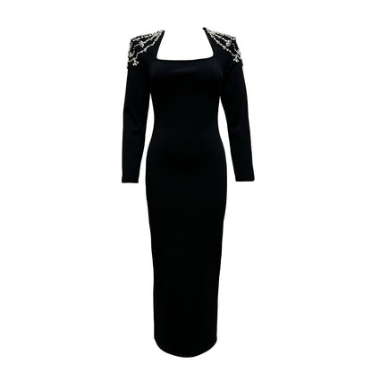 Elegant Graceful Square Collar Diamond Long Sleeve Bandage Dress Ladies Party Dinner Light Dress