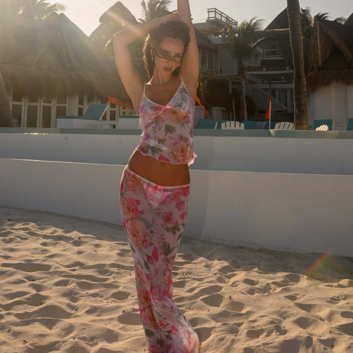 Floral Gauzy Beach Dress with Suspenders Split Bow Lace Skirt Set