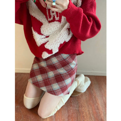 Plus Size Wool Plaid High Waist Christmas Skirt