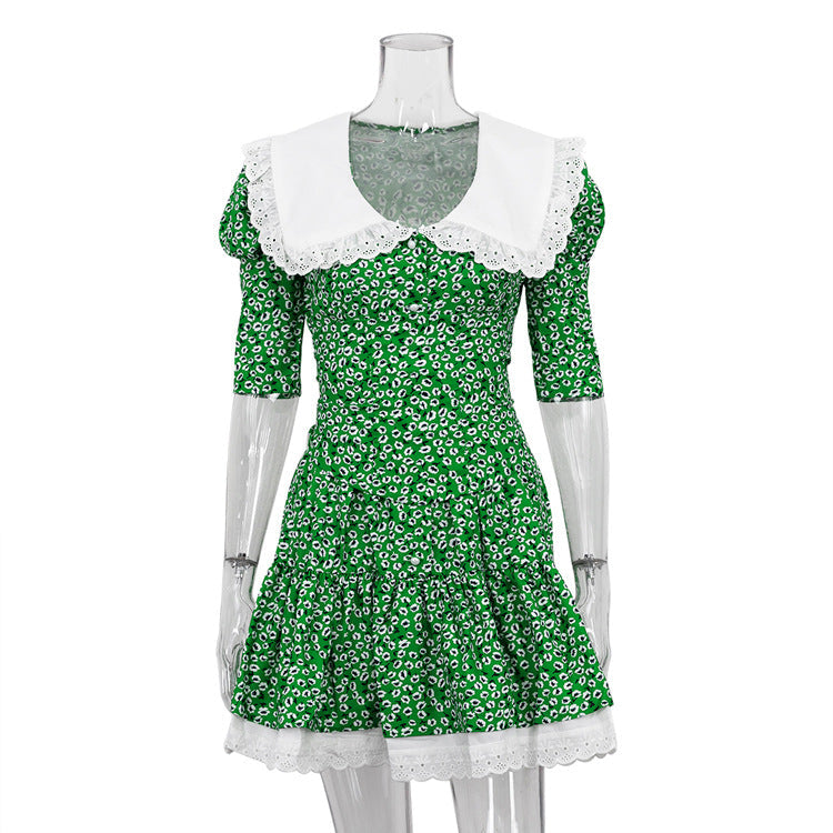 Peter Pan Collar Short Sleeve Floral Dress GracefulTight Waist Petti dress