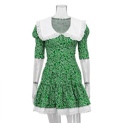 Peter Pan Collar Short Sleeve Floral Dress GracefulTight Waist Petti dress