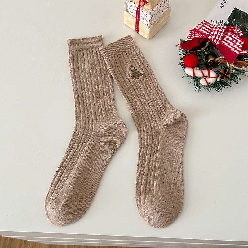 Cable Embroidered Mid Calf Christmas Socks