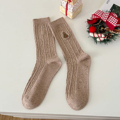 Cable Embroidered Mid Calf Christmas Socks