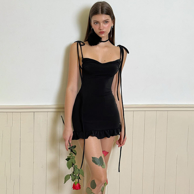 Solid Color Cami Dress Backless Pleated Dress