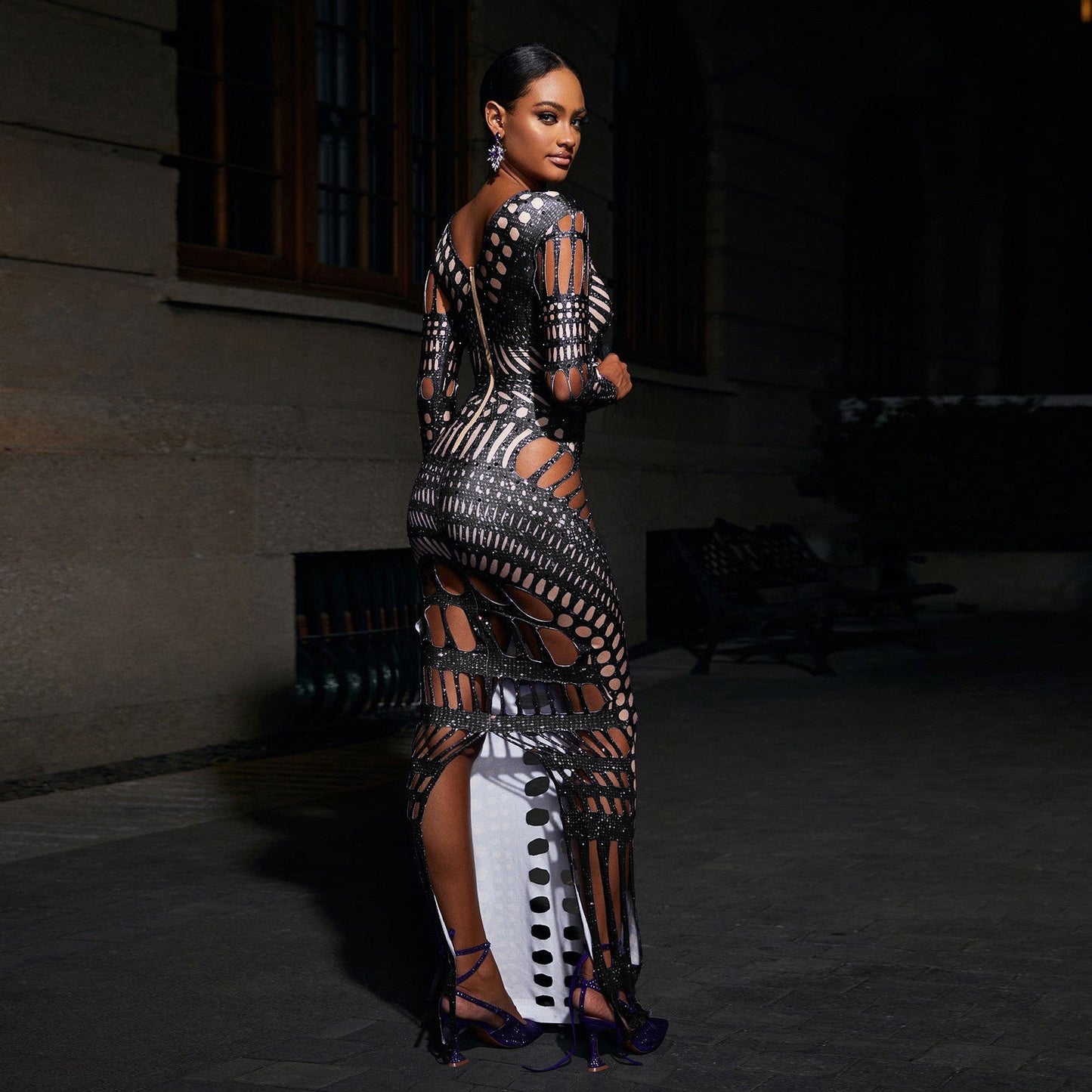 Ripped Skinny Sheath Dress Rhinestone Printed Dress