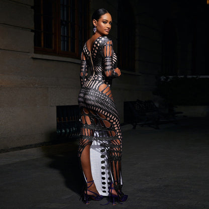 Ripped Skinny Sheath Dress Rhinestone Printed Dress