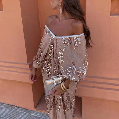 Popular Batwing Sleeve Sequined Deep V Plunge neck Maxi Dress