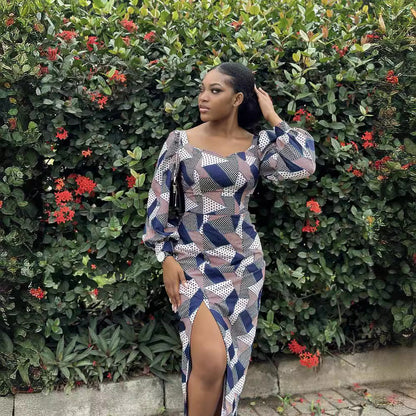 Blue Printed Plaid Simple Long Sleeve Slit Dress