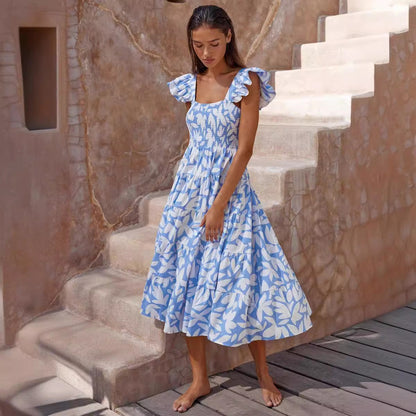 Printed Ruffle Sleeve Elastic Swing Dress