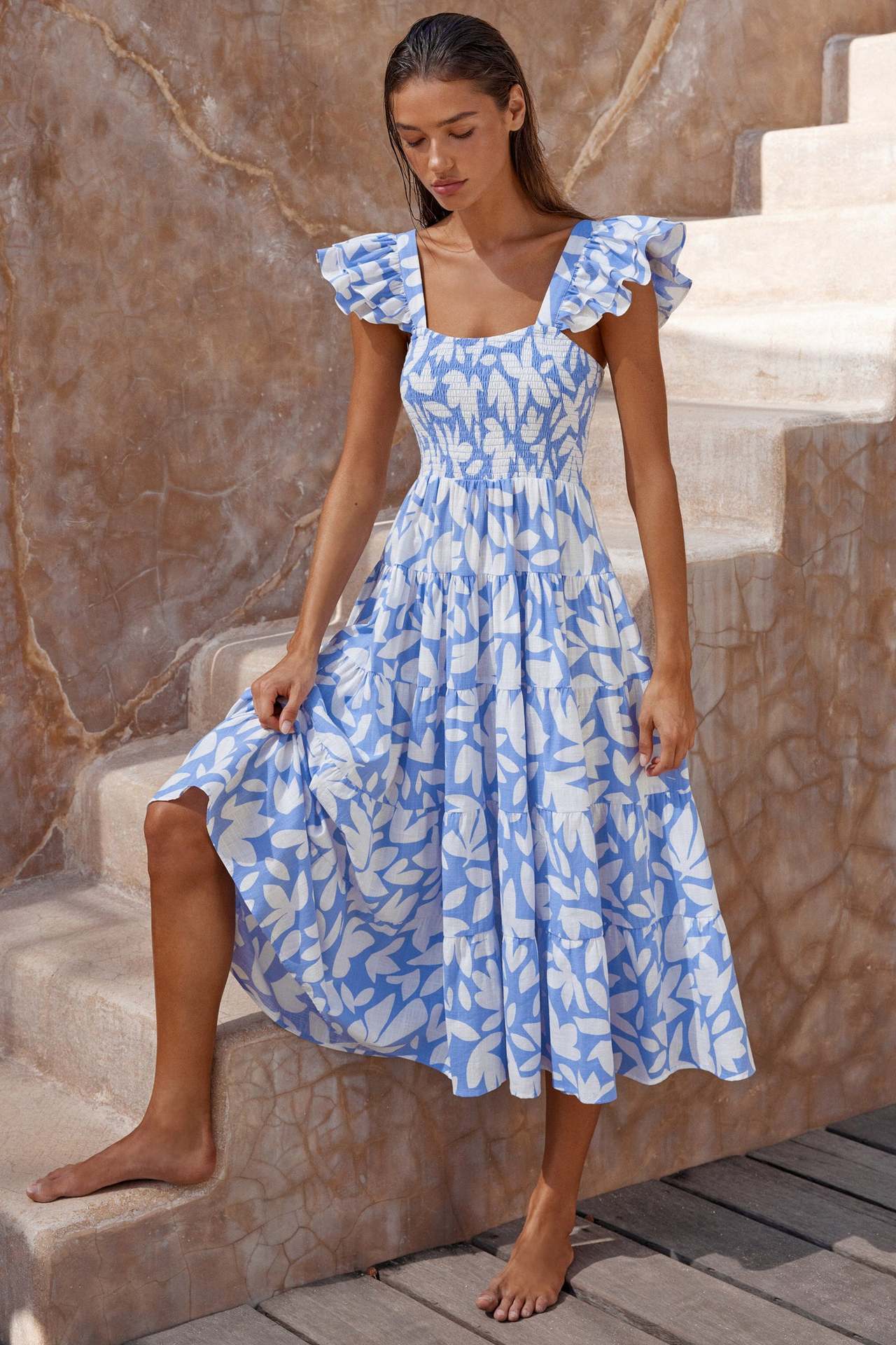 Printed Ruffle Sleeve Elastic Swing Dress