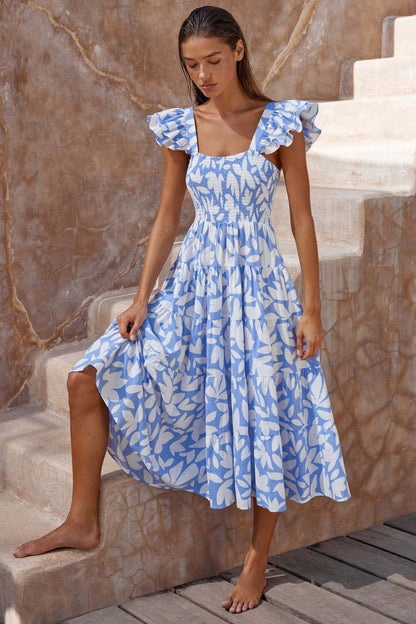 Printed Ruffle Sleeve Elastic Swing Dress