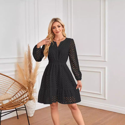 V Neck Hollow Out Cutout Eyelet Embroidery Pleated Long Sleeve Dress