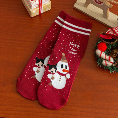 Cartoon Moose Santa Mid-Calf Crew Straight Christmas Socks