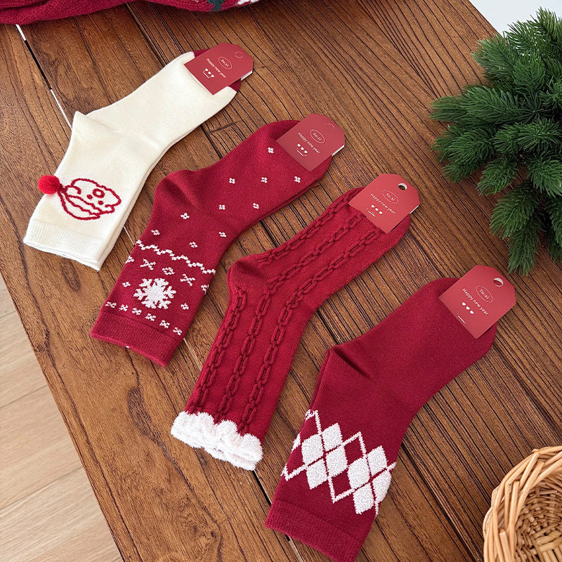 Red Argyle Snowflake Seamless Rabbit Fleece Mid Calf Christmas Socks