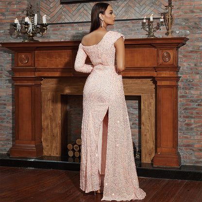 Long Sleeved Elegant Long Sequined Diagonal Collar Backless Cocktail Evening Dress Bridesmaid Dress