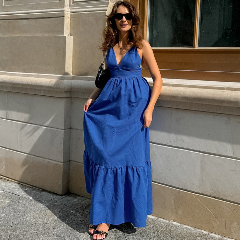 French Vacation Blue Cotton Linen V neck Strap Backless Dress Dress