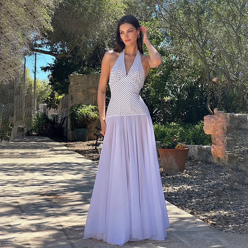 Personality Polka Dot Self Tie Halter V neck Backless Dress