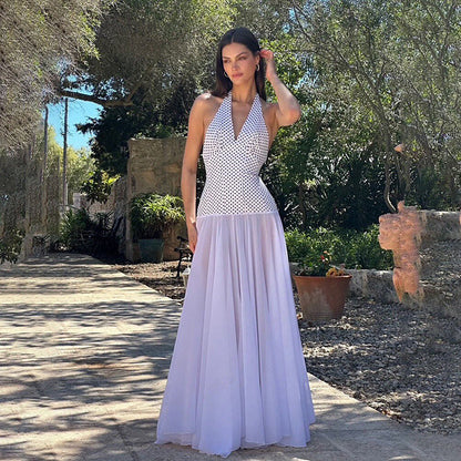 Personality Polka Dot Self Tie Halter V neck Backless Dress