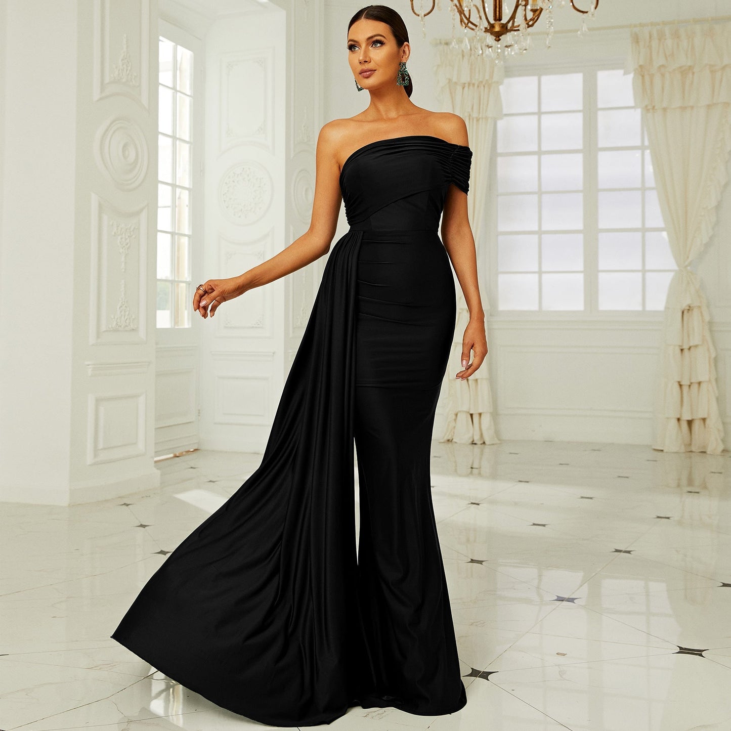 Chest Wrapped Elegant Boat Neck Long Cocktail Hip Wrapped Ribbon Evening Dress Bridesmaid Dress Dress
