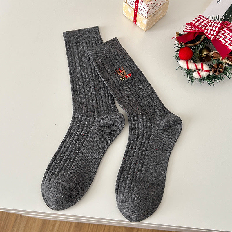 Cable Embroidered Mid Calf Christmas Socks