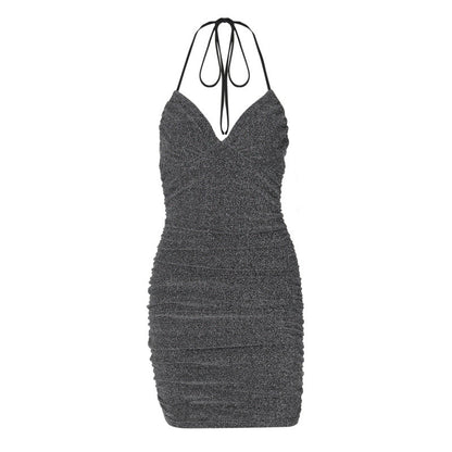 Pure Slip Dress Bright Silk V neck Halter Pleated Midi