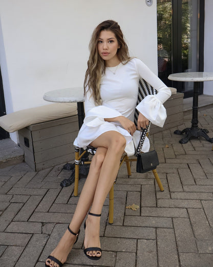 Sweet Stretch Knitted Puff Short dress Long Sleeve Ball Bell Sleeve Stitching