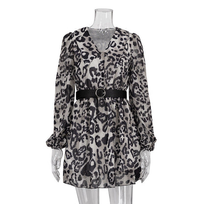 French Chiffon Dress Trend Doll Collar Long Sleeve Leopard Print Dress