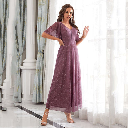 Evening Dress V neck Ruffle Bridesmaid Performance Party Dress