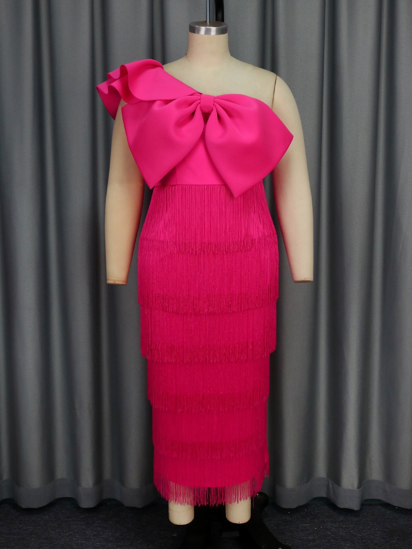 Elegant Solid Color Sheath Tassel Dress Party Cocktail Diagonal Collar Big Bow Dress