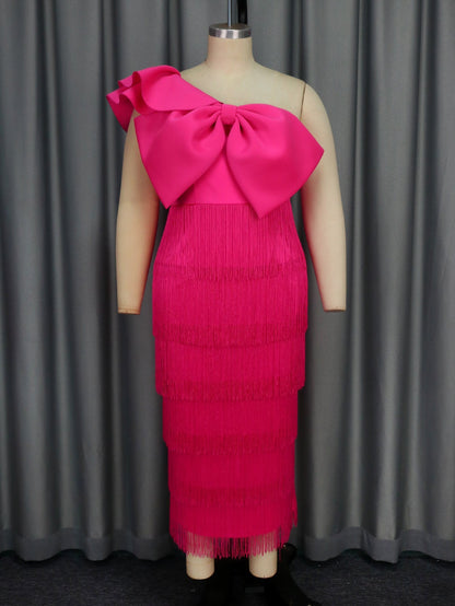 Elegant Solid Color Sheath Tassel Dress Party Cocktail Diagonal Collar Big Bow Dress