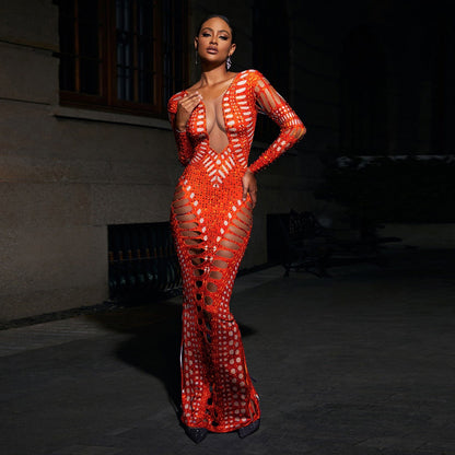 Ripped Skinny Sheath Dress Rhinestone Printed Dress