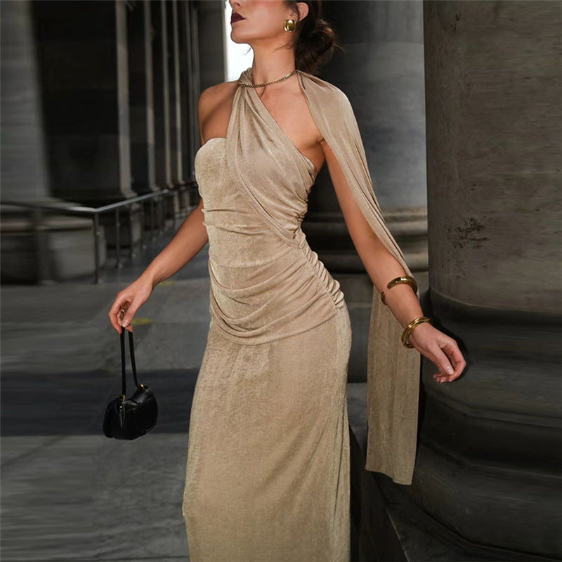 Slim Fit Backless Tube Top Ribbon Halter Pleated Solid Color Maxi Dress Evening Dress