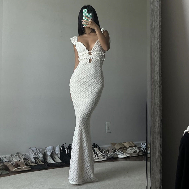 V neck Backless Lace up Cutout Slim Fit