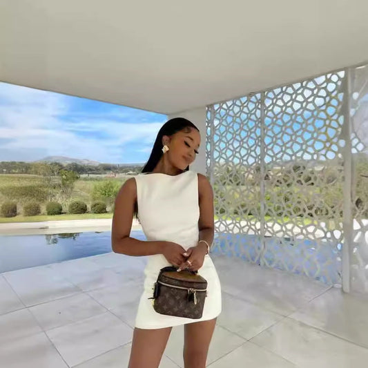 Dress White Slim round Neck Sleeveless Short